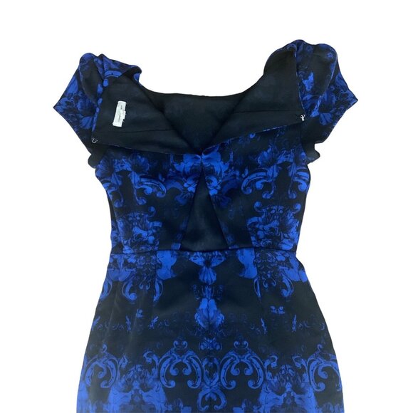 Silence + Noise Blue & Black Damask Pattern Cap Sleeve Dress Side Zipper Size 2 - Picture 5 of 11